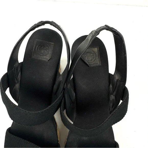TORY BURCH Solid Black Two Band Canvas Espadrille Wedge Platform Sandals Sz 10.5 - Picture 7 of 9